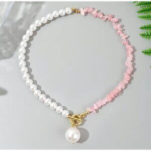 Pearl Pendant Half Rose Quartz Half Pearl Necklace NEW